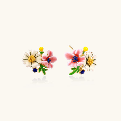 Colorful floral cluster stud earrings with pink blooms, white daisies, yellow accents on gold-plated brass base