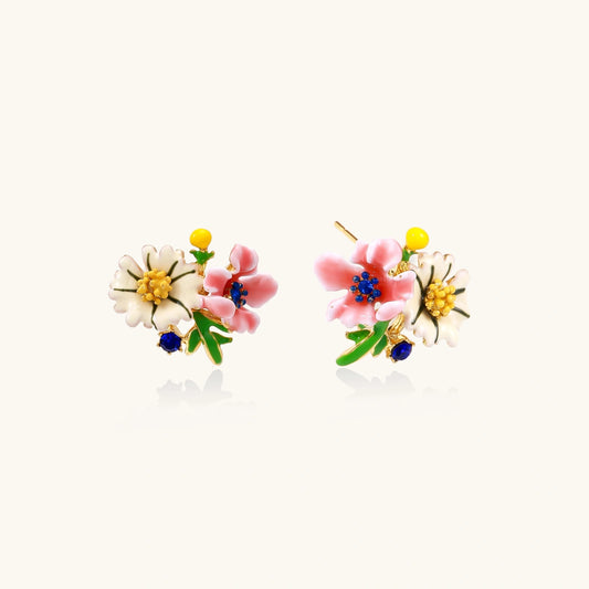 Colorful floral cluster stud earrings with pink blooms, white daisies, yellow accents on gold-plated brass base