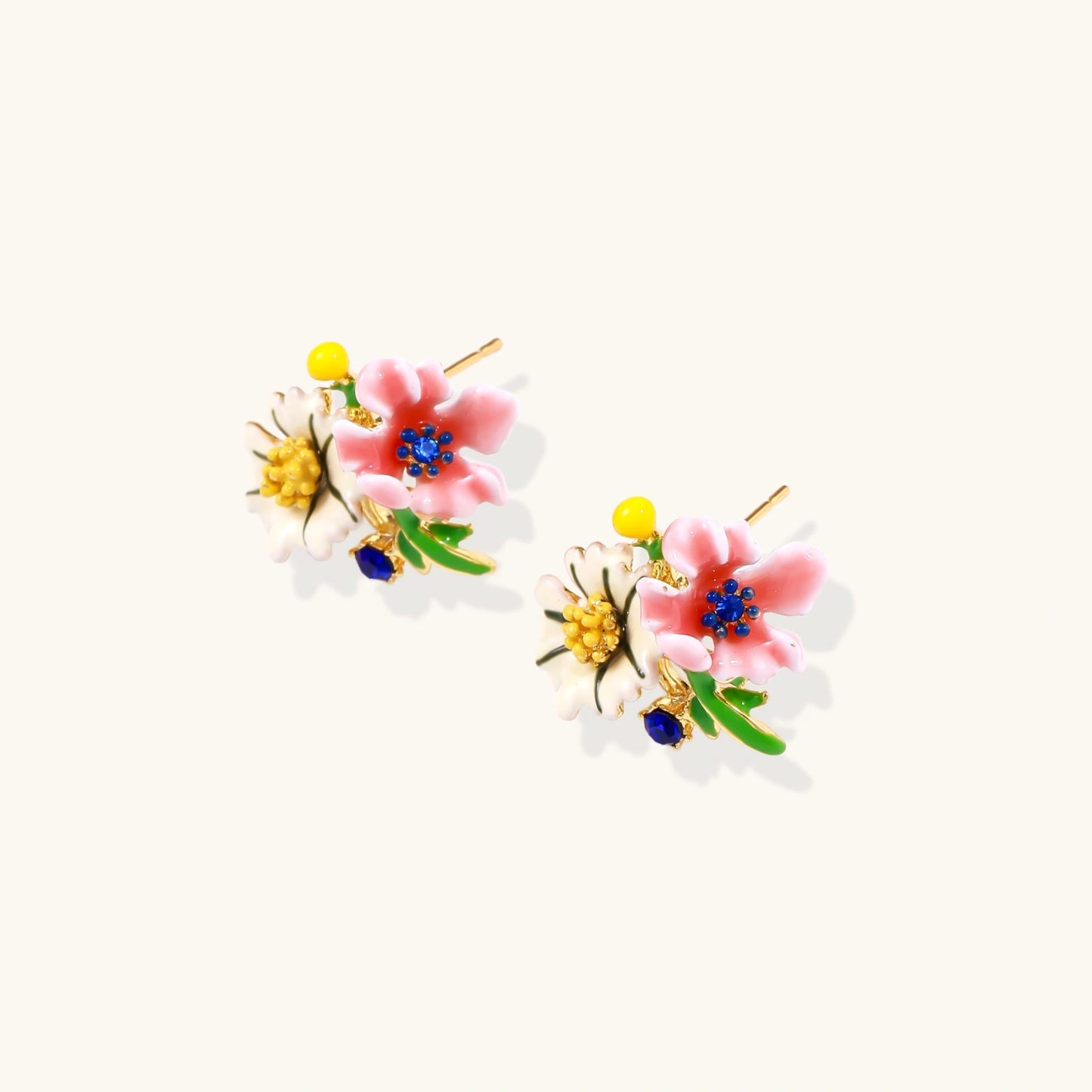 Colorful floral cluster stud earrings with pink blooms, white daisies, yellow accents on gold-plated brass base